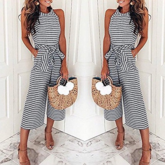 Boutique Pants - NWT Striped Waist Belt Wide Leg Chic Jumpsuit